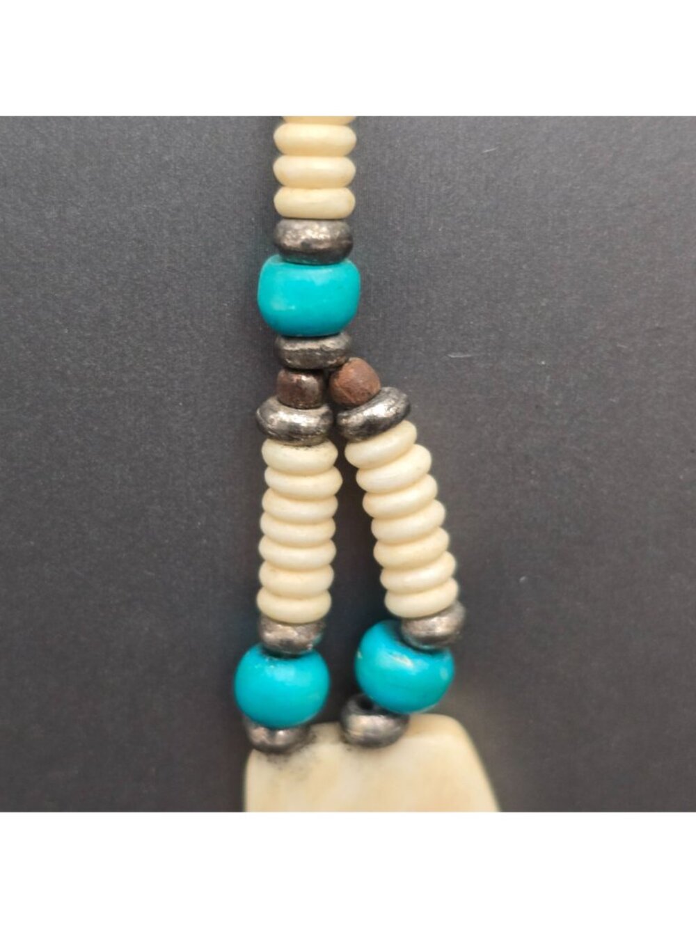 Vintage Southwestern Carved Bovine Bone Bib Statement Necklace 18" Blue Accents - Picture 3 of 13